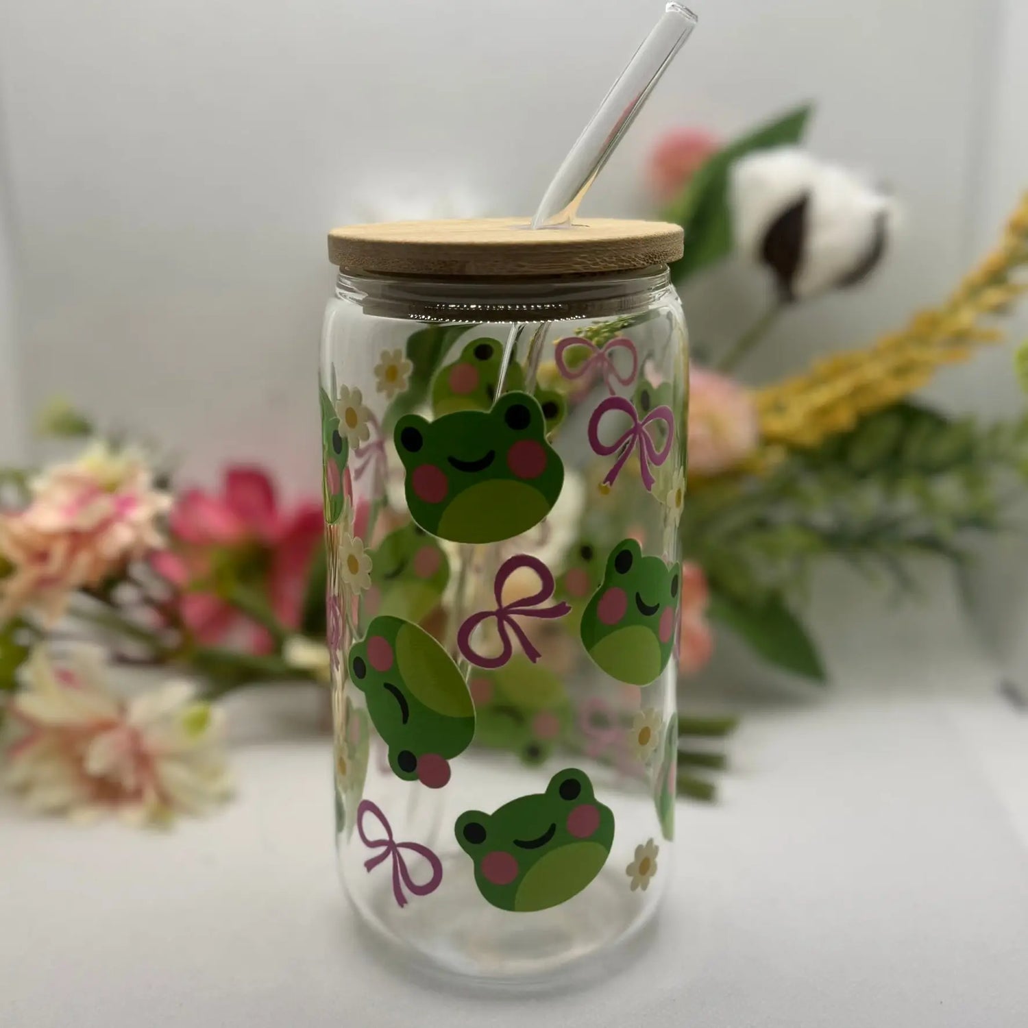 16oz GLASS CAN CUPS WITH GLASS STRAW AND BAMBOO LID