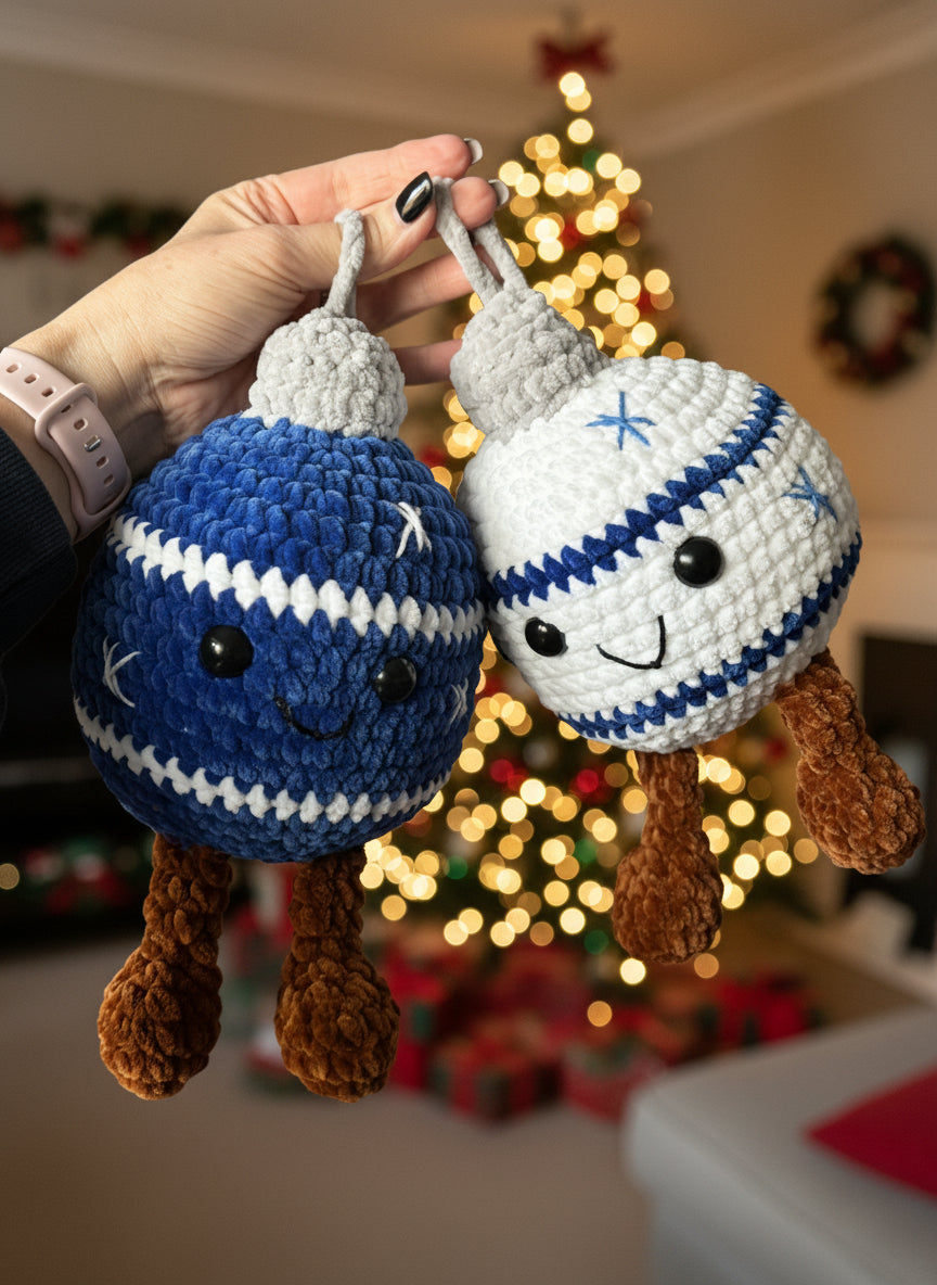Blue and white crochet baubles