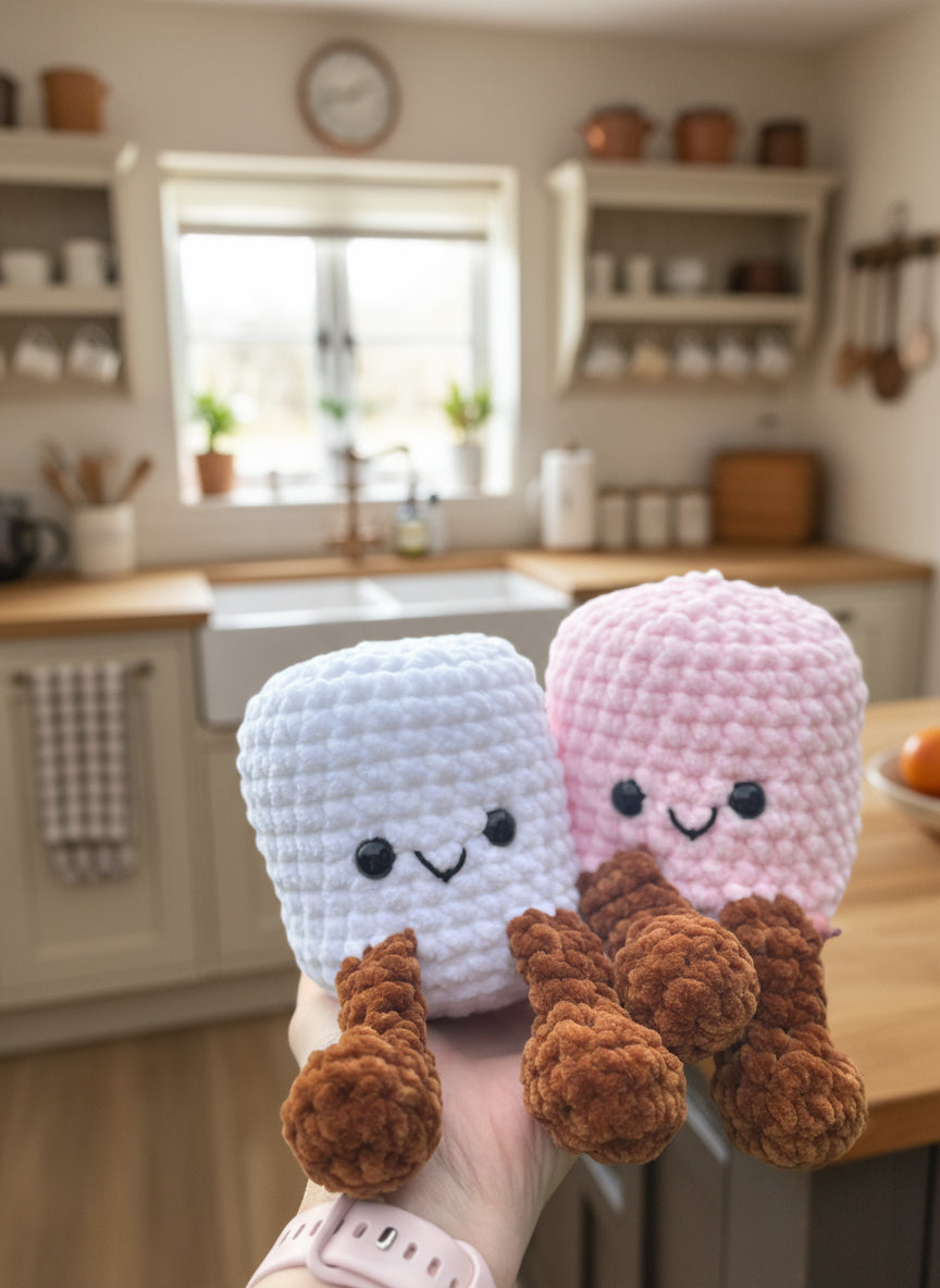Two small plush toys resembling ice cream cones held in a hand 