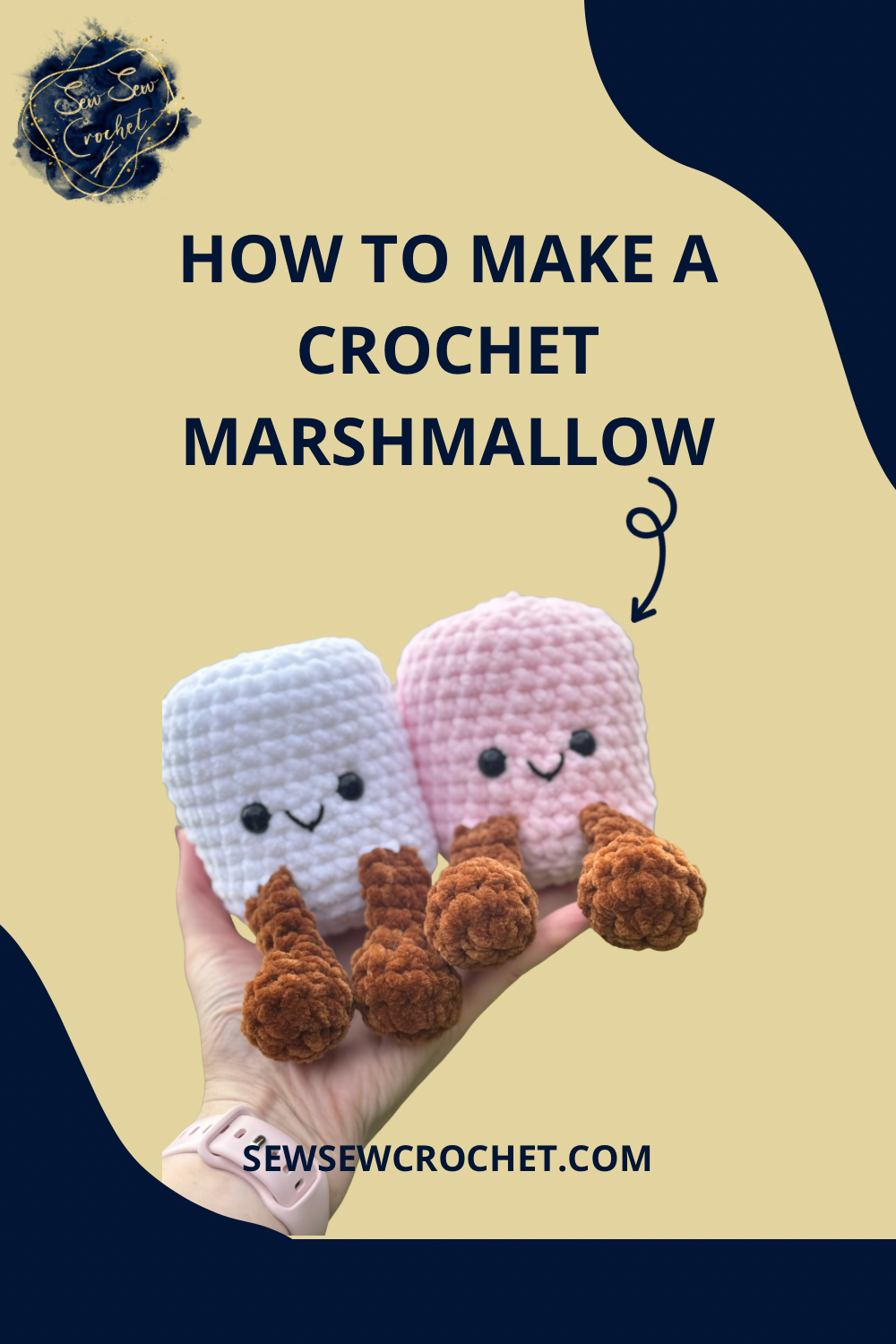 Two crocheted marshmallow characters held in a hand with a beige background and text about making a crochet marshmallow.
