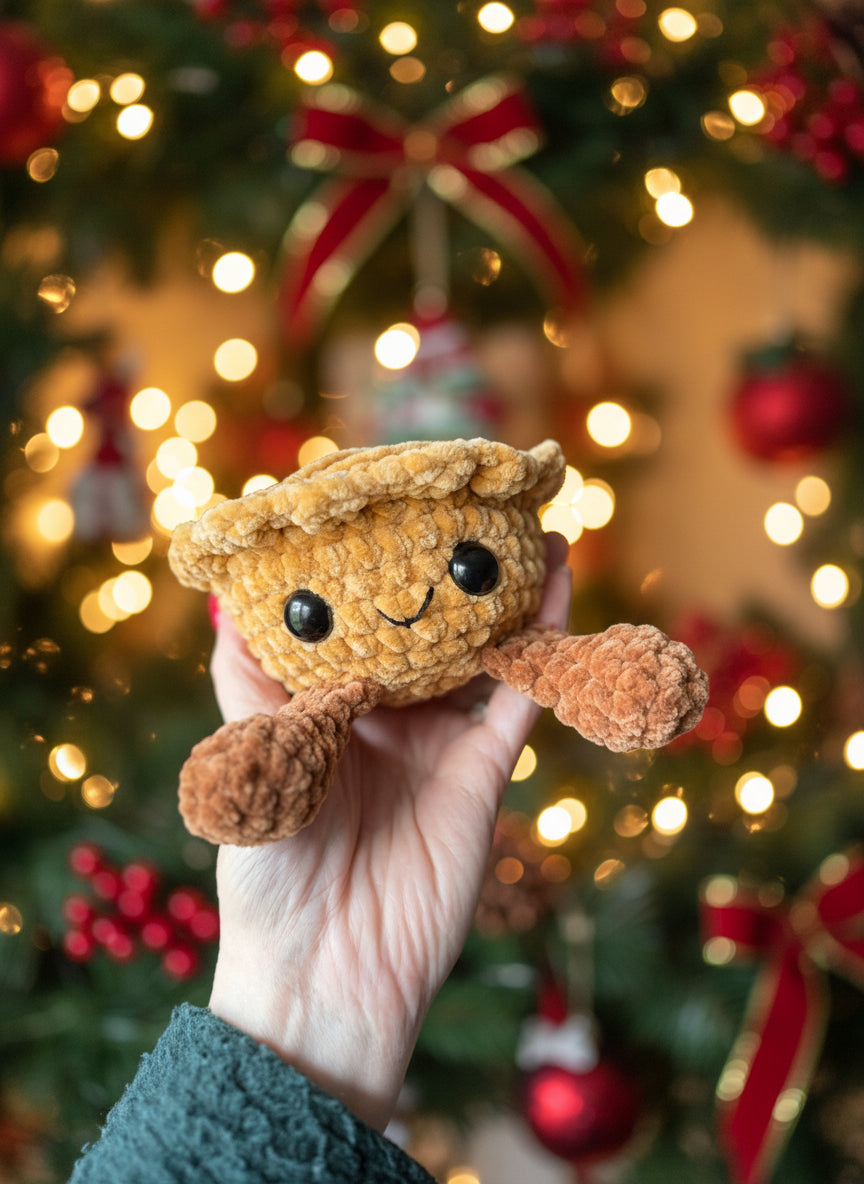 Crocheted Mince pie with face and legs