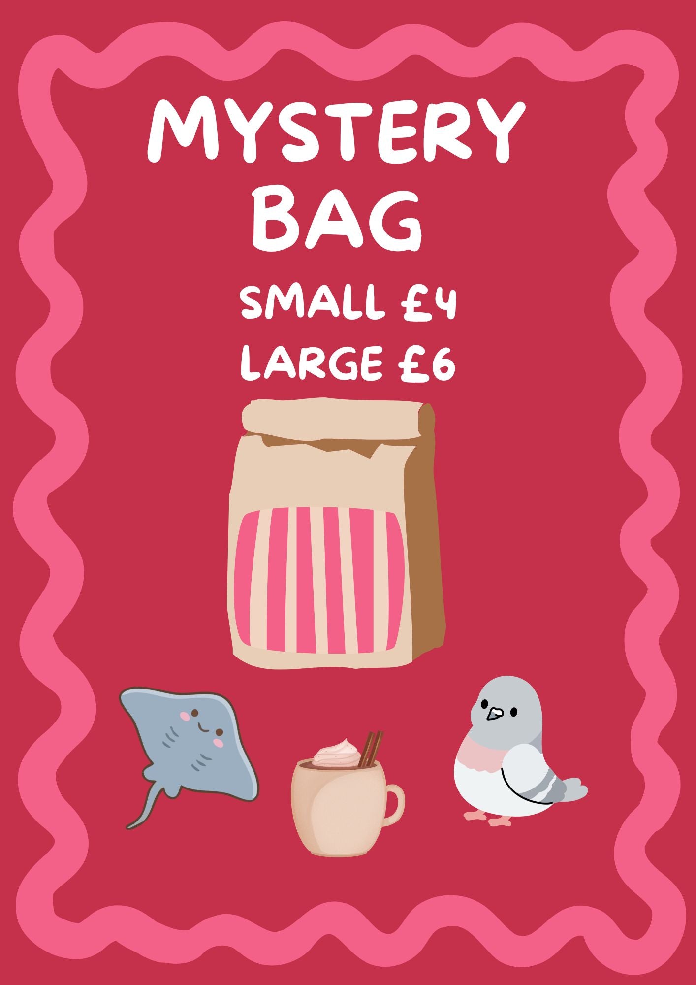 Promotional graphic for a mystery bag with pricing on a red background