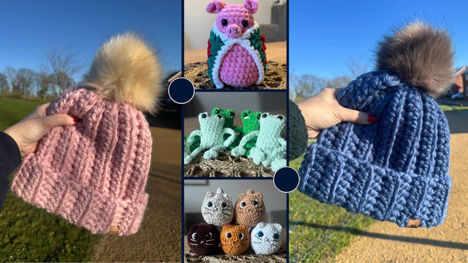 Handmade crocheted hats and stuffed animals