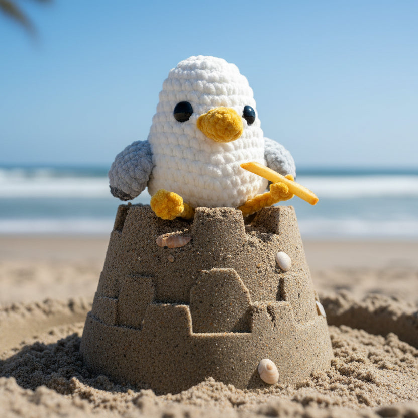 Crocheted bird plush toy on a red cushion with a blurred indoor background
