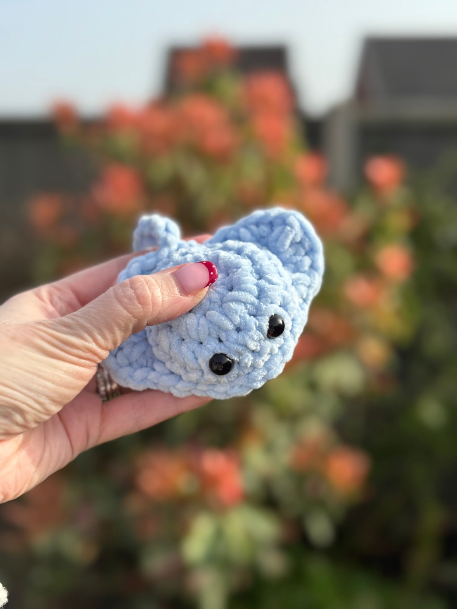 Hand holding a small blue crocheted stingray toy with a blurred outdoor background