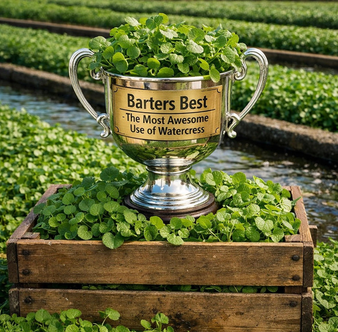 Silver trophy labeled 'Barters Best' on a bed of watercress with a garden background.