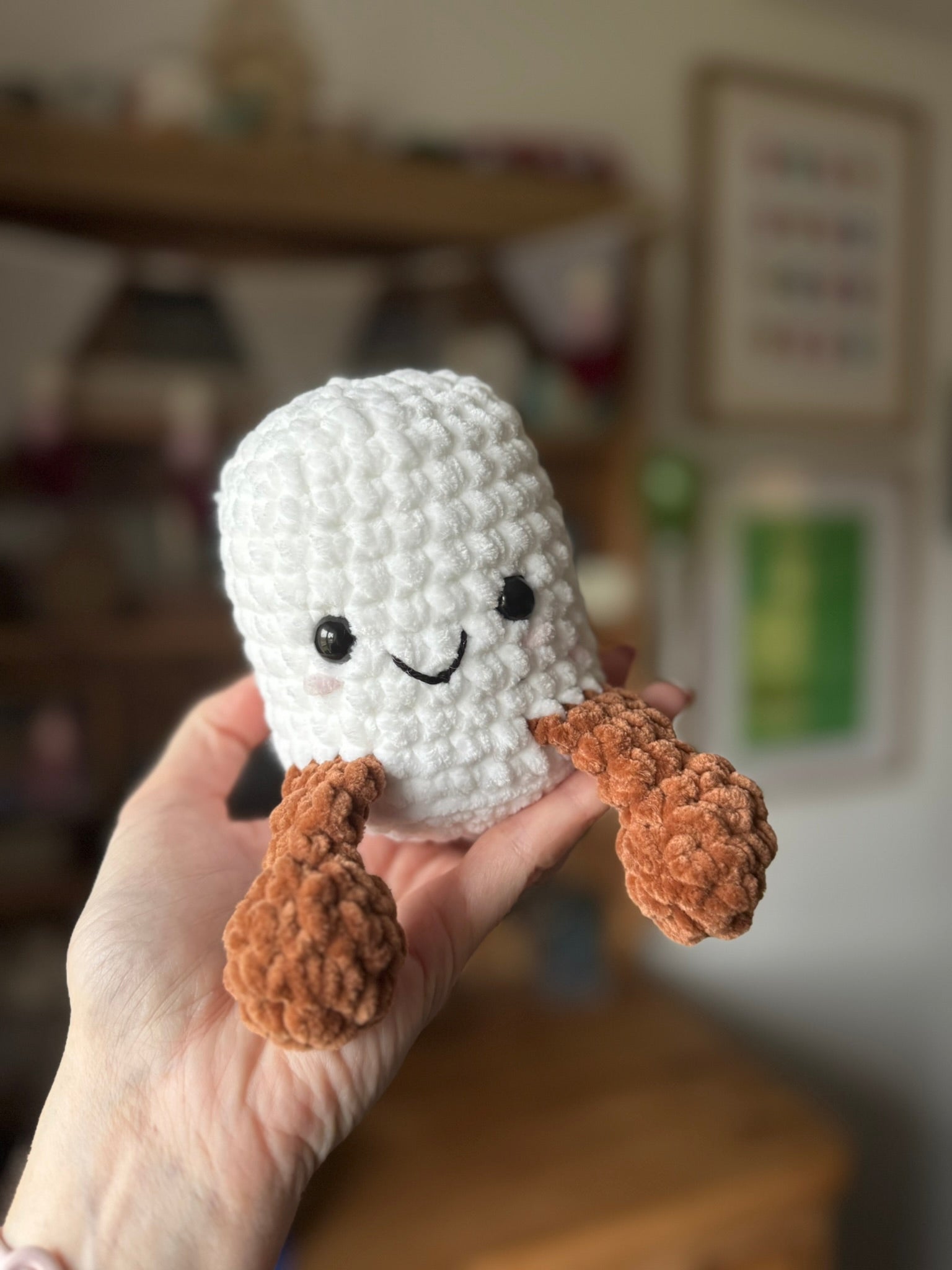 White Crocheted marshmallow with face and legs