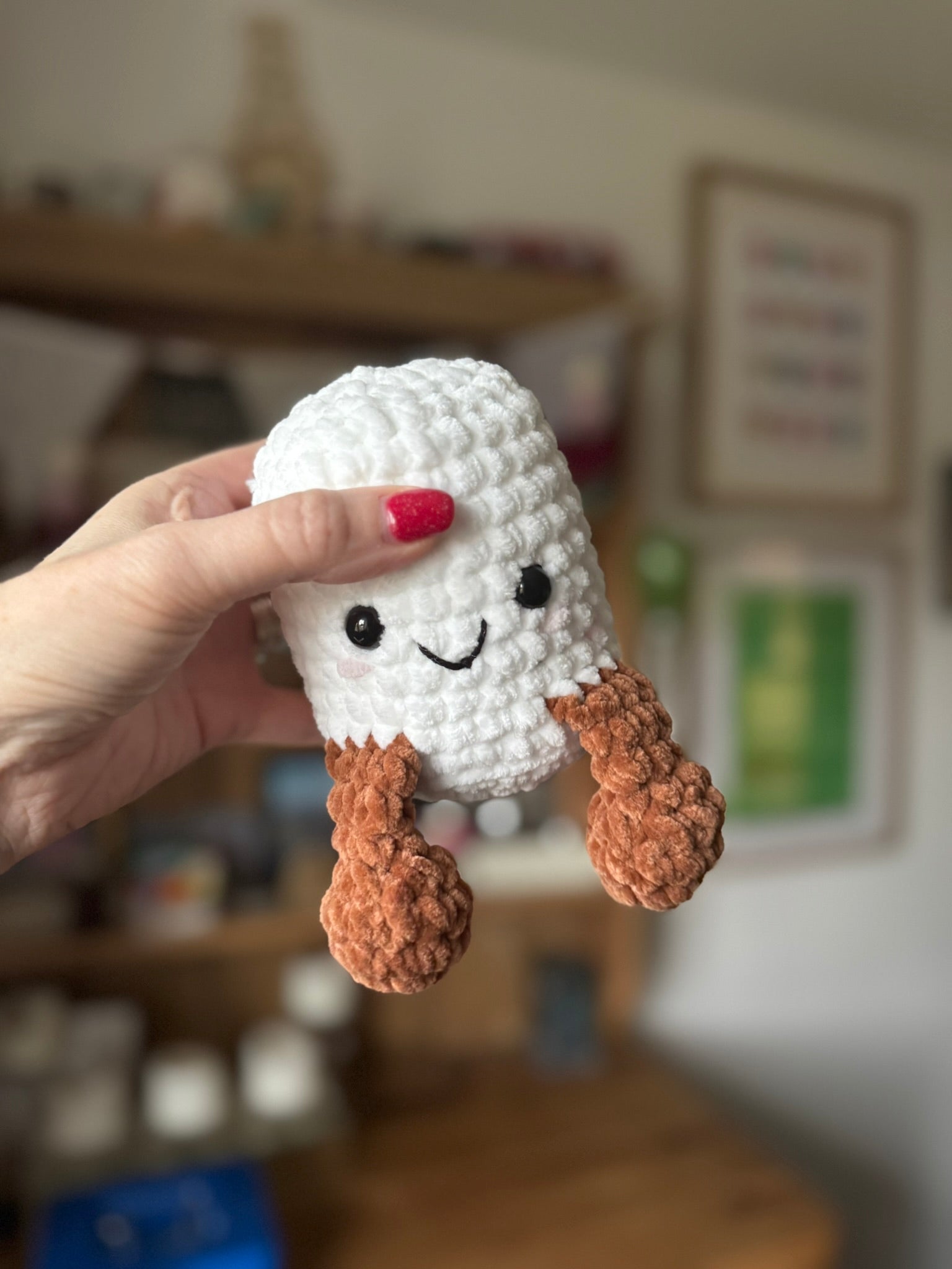 White Crocheted marshmallow with face and legs
