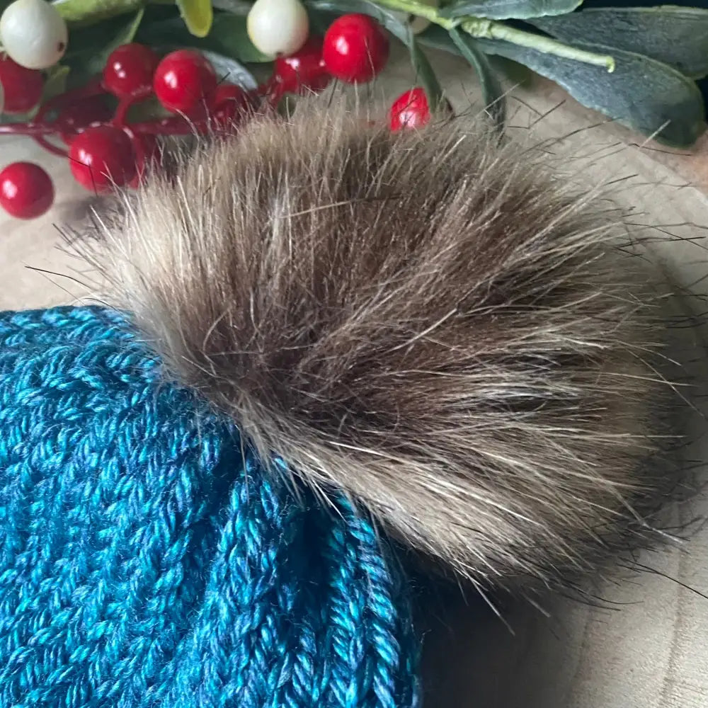 Adult Bobble Hat in Blue- Green with Faux Fur Pom - WINTER HAT KNITTED