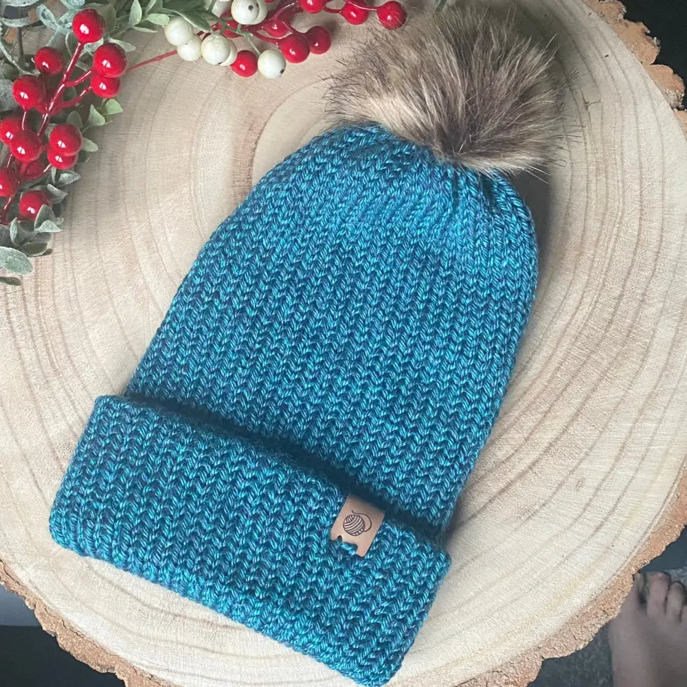 Adult Bobble Hat in Blue- Green with Faux Fur Pom - WINTER HAT KNITTED