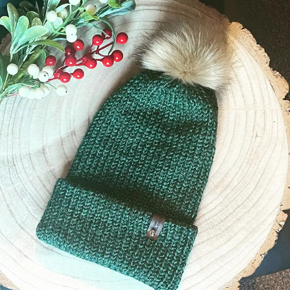 Adult Bobble Hat in Forest Green with Faux Fur Pom - WINTER HAT KNITTED