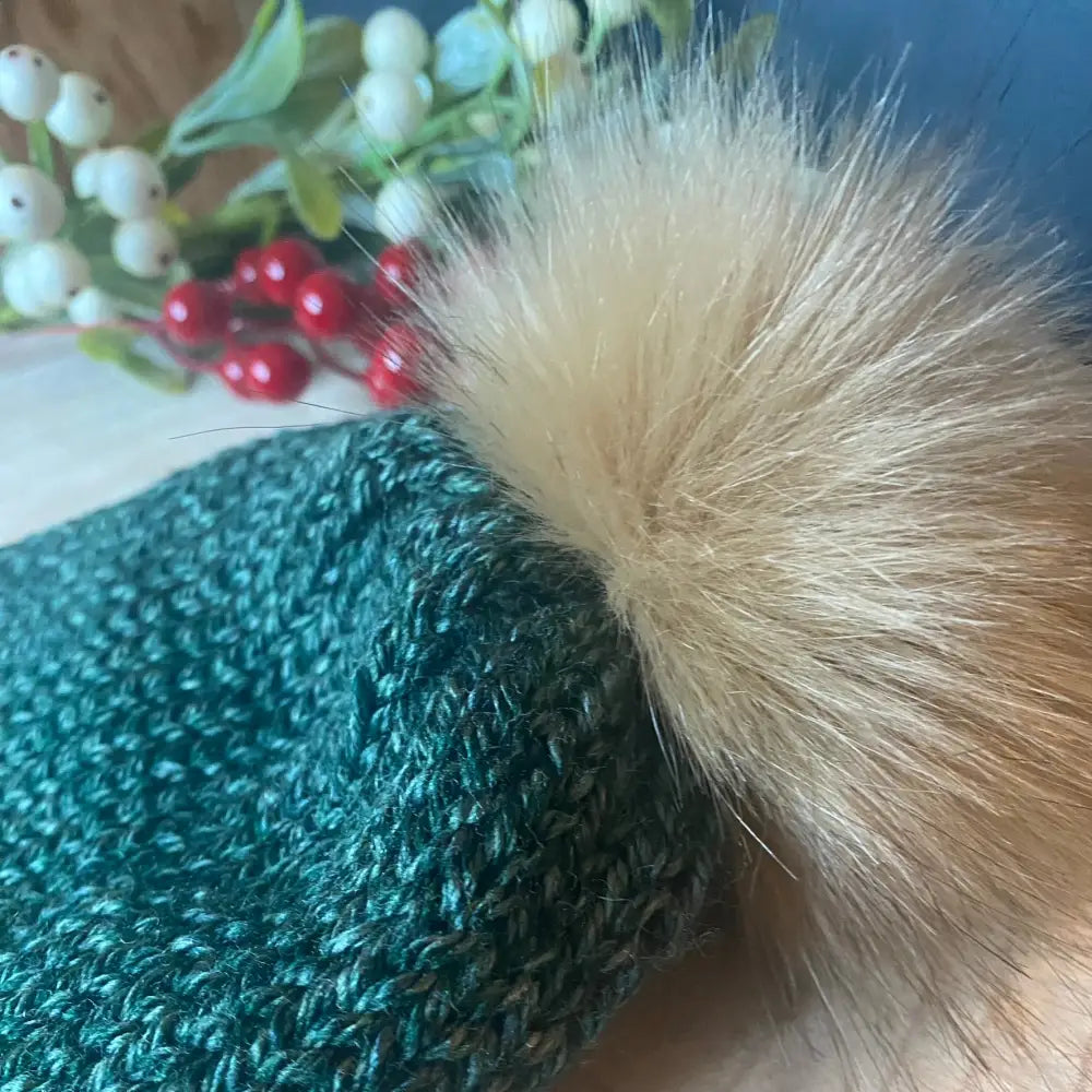 Adult Bobble Hat in Forest Green with Faux Fur Pom - WINTER HAT KNITTED