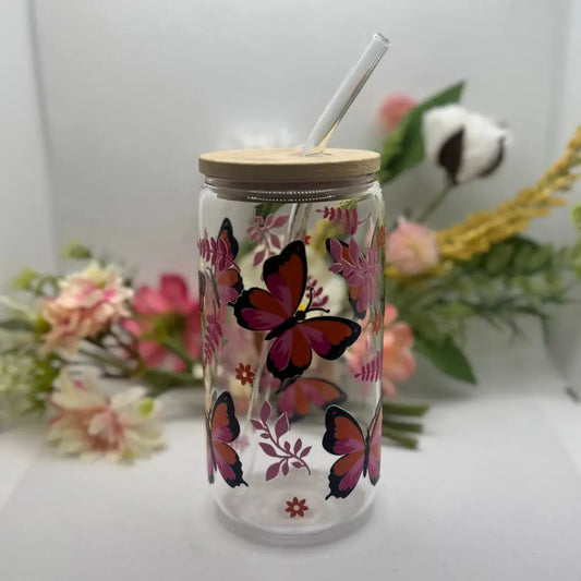 Butterfly 16oz Glass Cup with Glass Straw - GLASSCUP