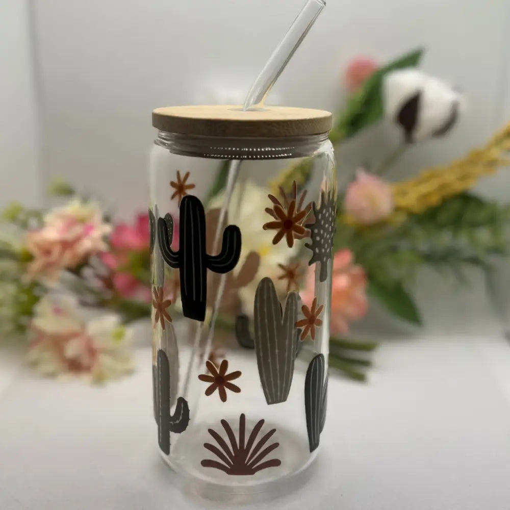 Cactus 16 oz Glass Cup with Glass Straw - GLASSCUP