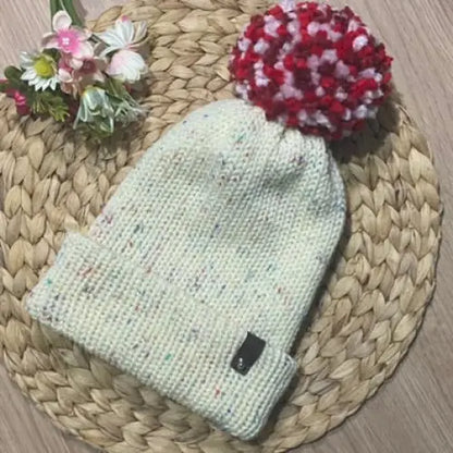 Cream and pink handmade knitted Valentines hat - WINTER HAT KNITTED