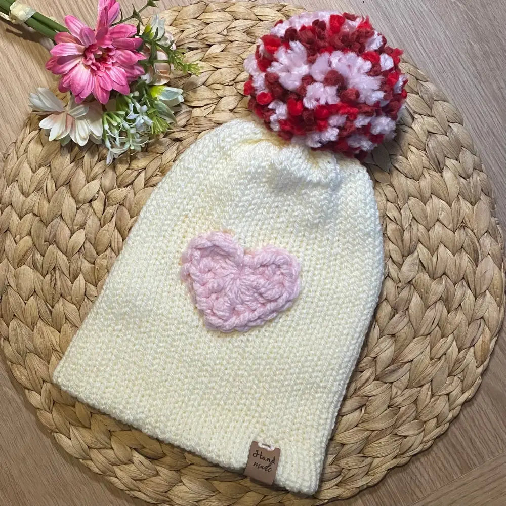 Cream and pink handmade knitted Valentines hat with Heart - WINTER HAT KNITTED