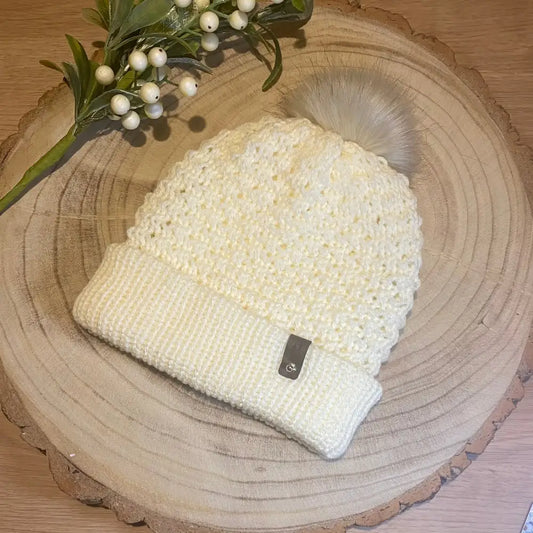 Cream Ladies / Teens Knitted Hat with Faux Fur Pom - WINTER HAT KNITTED