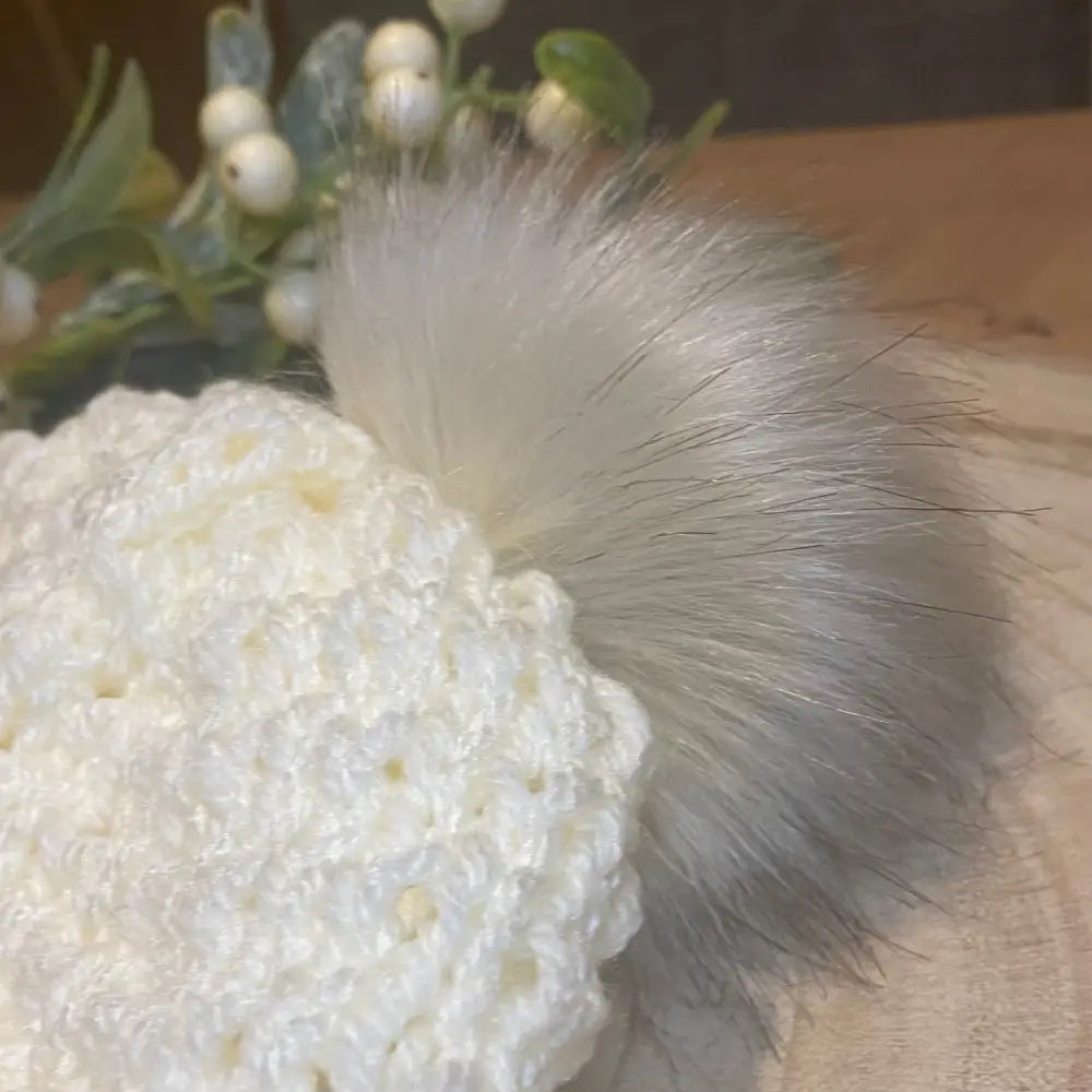 Cream Ladies / Teens Knitted Hat with Faux Fur Pom - WINTER HAT KNITTED