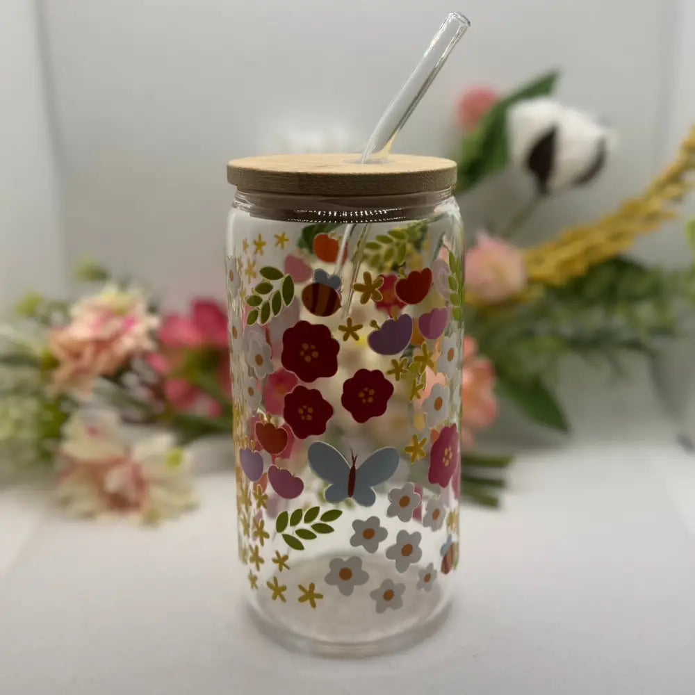 Floral 16oz Glass Cup with Glass Straw - GLASSCUP