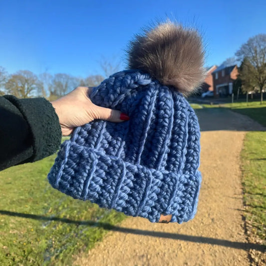 Handmade Pale Blue Crochet Hat with White Fluffy Pom – 100% Merino Wool - WINTER HAT CROCHET