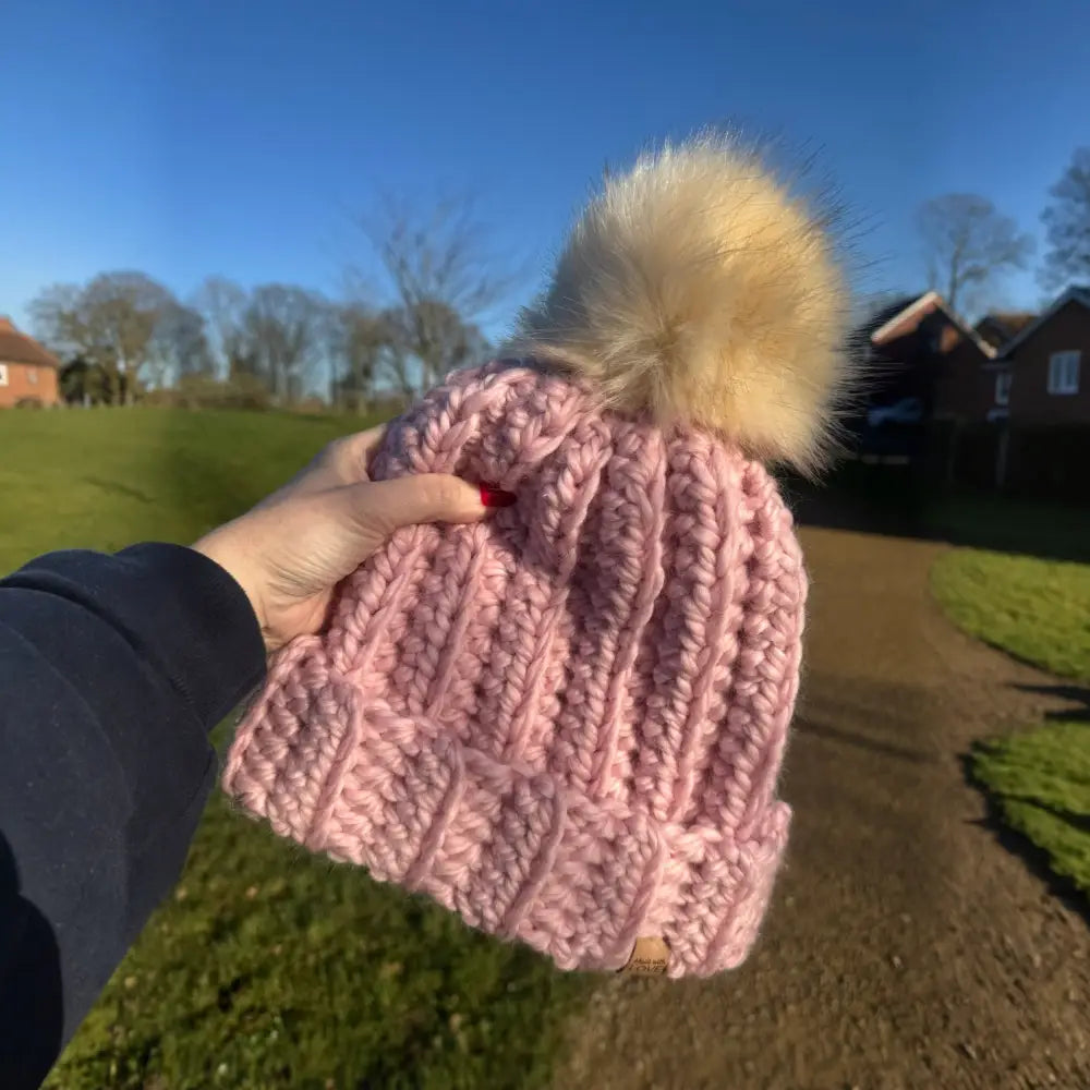 Handmade Pale Pink Rose Crochet Hat with White Fluffy Pom – 100% Merino Wool - WINTER HAT CROCHET