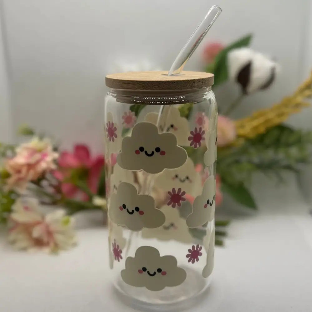 Happy Cloud 16oz Glass Can Cup with Straw - GLASSCUP