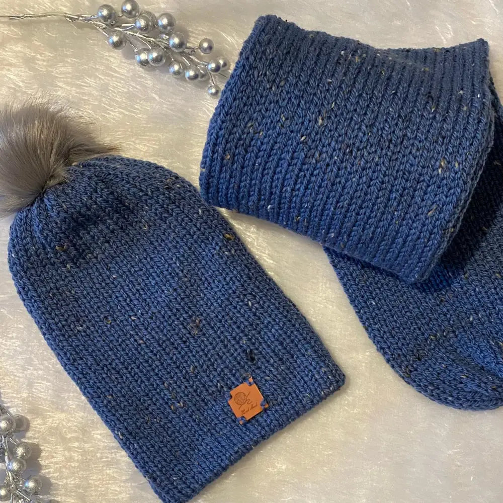 Ladies / Adult Hat and Scarf Set - Tweed Blue - WINTER HAT KNITTED