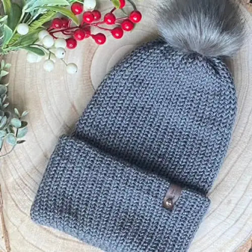 Ladies / Adult Knitted Grey Winter Hat with Faux Fur Pom - WINTER HAT KNITTED