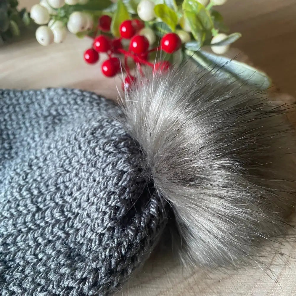 Ladies / Adult Knitted Grey Winter Hat with Faux Fur Pom - WINTER HAT KNITTED