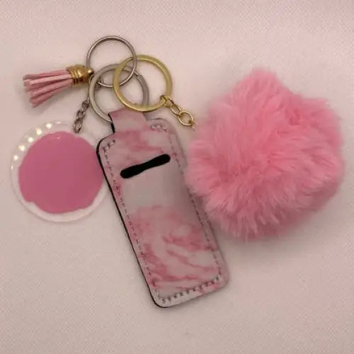 Personalised Keychain with Pom Pom and Chapstick Holder OR Wrist Strap - KEYCHAIN