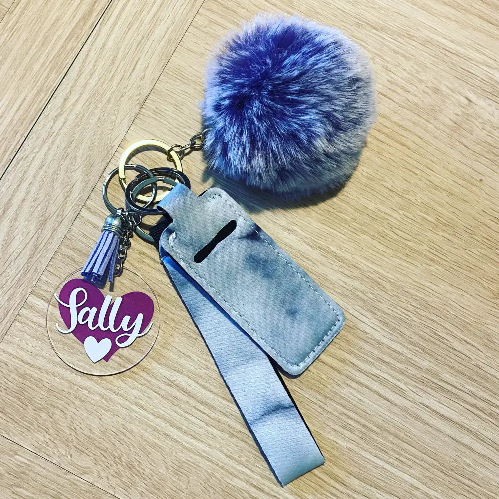 Personalised Keychain with Pom Pom and Chapstick Holder OR Wrist Strap - KEYCHAIN