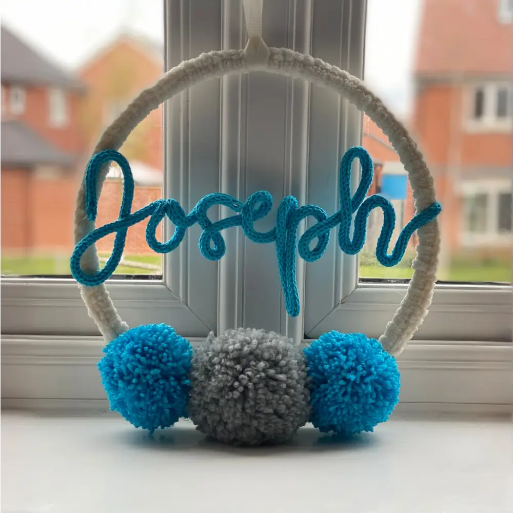 Personalised Name or Custom Wall Hanging. - Blue / Pom Poms - HOME DECOR