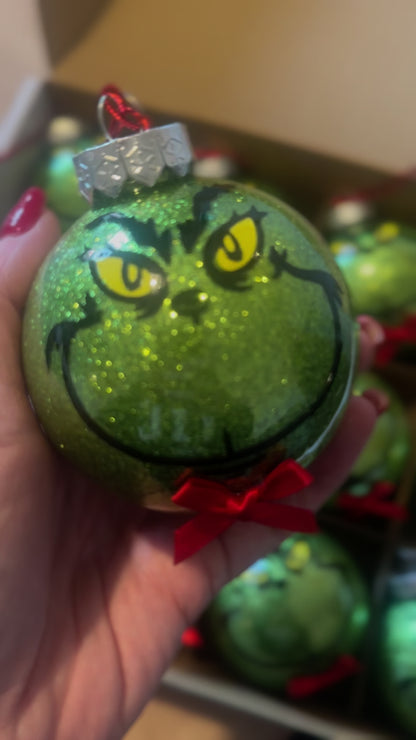 Glittery Hello Mr Grinch Tree Bauble with Red Bow Tie