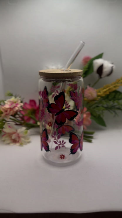 Butterfly Glass Can Cup with Glass Straw - 16oz