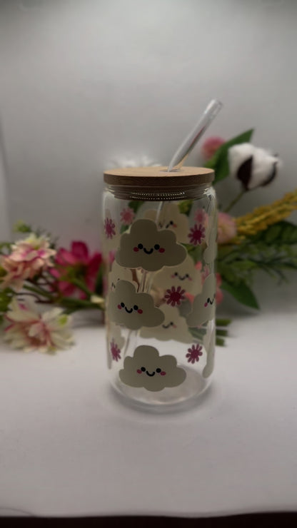Happy Cloud Glass Can Cup with Straw -16oz