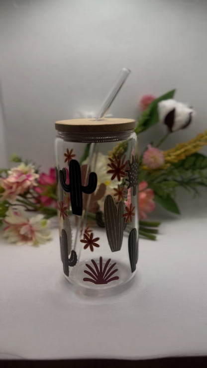 Cactus Glass Can Cup with Glass Straw - 16oz