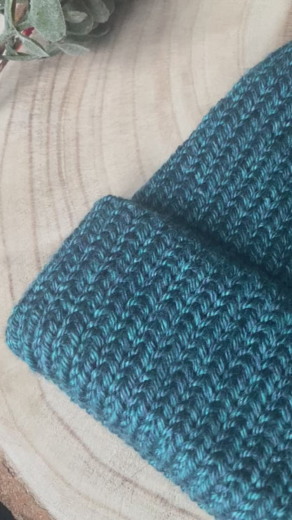 Knitted Adult Bobble Hat in Blue- Green with Faux Fur Pom