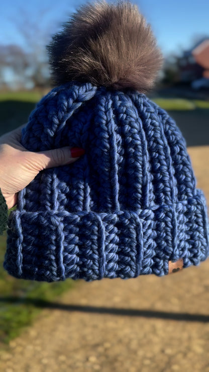 Handmade Blue Crochet Hat with White Fluffy Pom – 100% Merino Wool