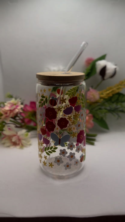 Floral Glass Can Cup with Glass Straw -16oz