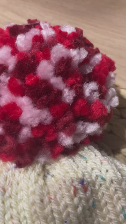 Valentines Cream and pink knitted Hat with Pom