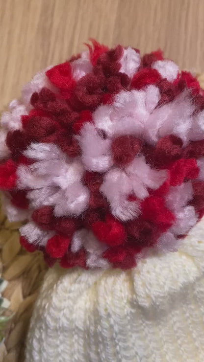 Ladies Cream Hat with Pink Heart - knitted