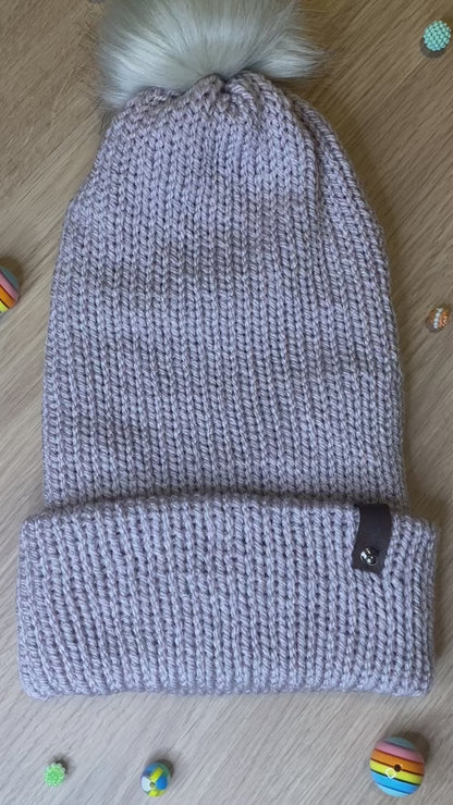 Mushroom Knitted Hat with Faux Fur Pom and Faux Leather Tag